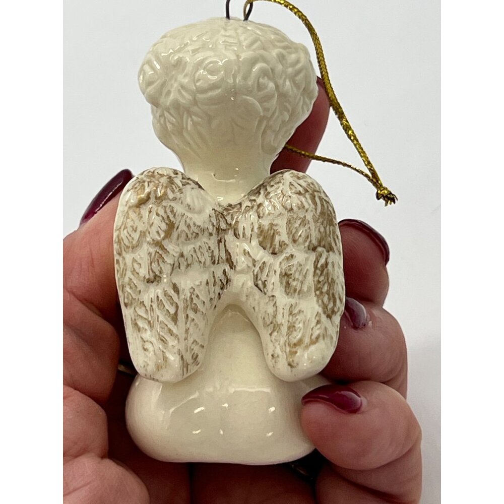 Set of 4 Ceramic White White Angel Ornaments with Gold Instruments and Wings 2" - Picture 4 of 8